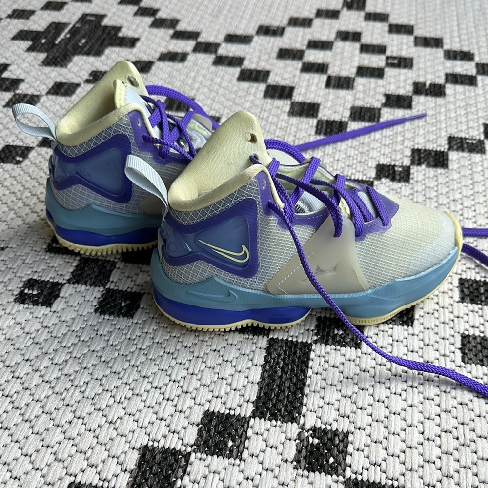 Nike LeBron XIX Aura Citron Blue and Purple Retro Sneakers